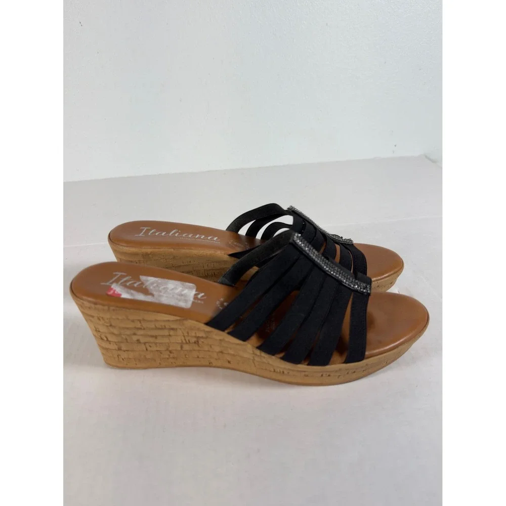Italiana Women's Black Wedge Sandals Embellished‎ Elastic Straps Italian Made